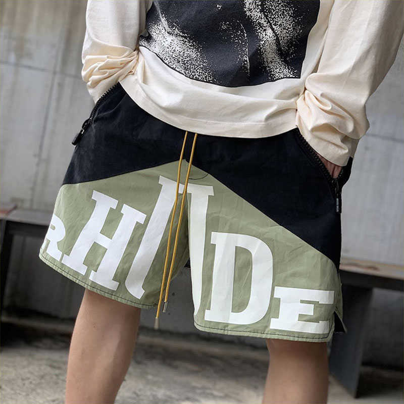 

Designer Clothing Rhude Dual Color Panel Drawstring Shorts Letter Printed Casual Capris Beach Pants Trendy Men Couples Joggers Sportswear Fitness, Picture color