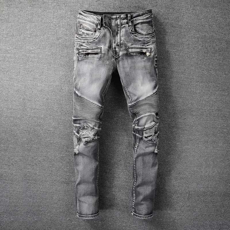 

Designer Clothing Fashion Denim Pants Amiiri New High Street Distressed Motorcycle Jeans Men's Trend Brand Personalized Zipper Grey Heavy Wash Elastic Slim Fit, Dark gray