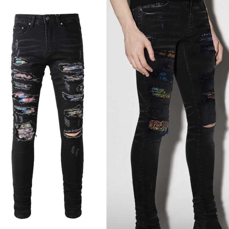 

Designer Clothing Fashion Denim Pants Amiiri New trendy brand rainbow color printed patch patch tattered elastic slim fitting washed black jeans men Motocycle Rock