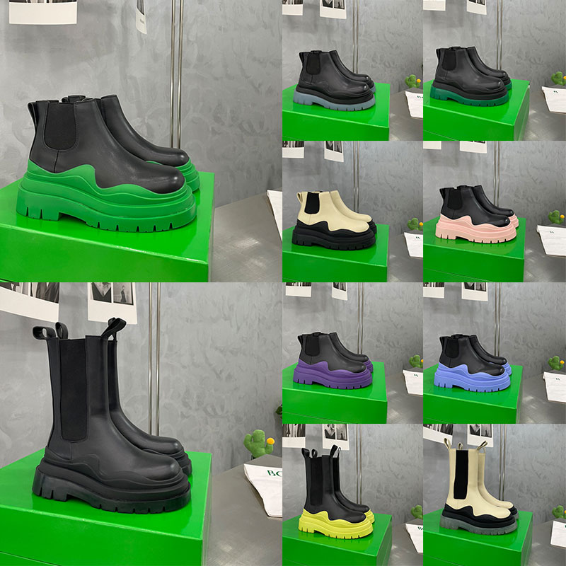 

Men Designer Boots Tire Chelsea Leather Women Half Ankle Boots Mens Fashion Wave Blue Clear Colored Rubber Outsole Elastic Webbing Outdoor Boot