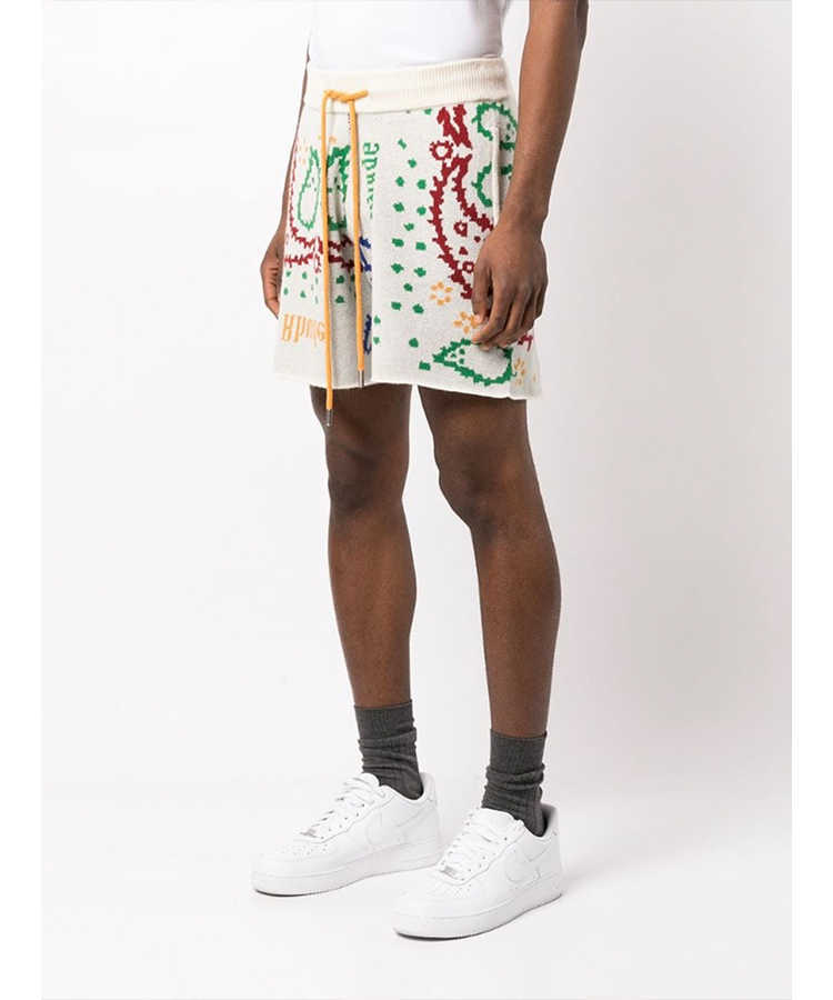 

Designer Clothing Rhude Cashew Flower Woolen Knitted American High Street Drawstring Loose Casual Split Pants Men Couples Joggers Sportswear Beach fitness, Apricot