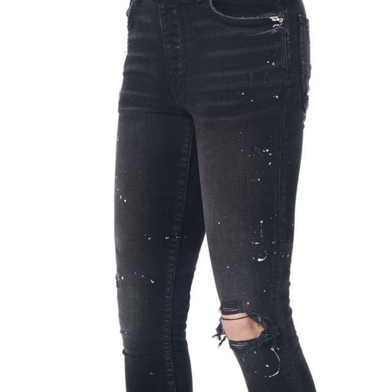 

Designer Clothing Fashion Denim Pants Amiiri High Street Trend Brand Paint Speckled Ink Hole Black Elastic Slim Fit Small Foot I Jeans Men Motocycle Biker Skinny, As shown in figure