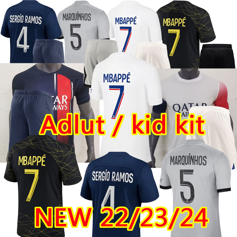 

23 24 PSGS MBAPPE MESSIS soccer jerseys HAKIMI SERGIO RAMOS VERRATTI MARQUINHOS football shirt Maillots child men Adult kids kit sets uniform Adultes enfants hommes, 22/23 4th