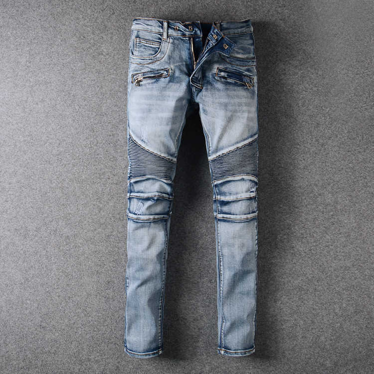 

Designer Clothing Fashion Denim Pants Amiiri trendy brand retro elastic slim fitting small foot patchwork motorcycle light blue jeans men Motocycle Biker Skinny, As shown in figure