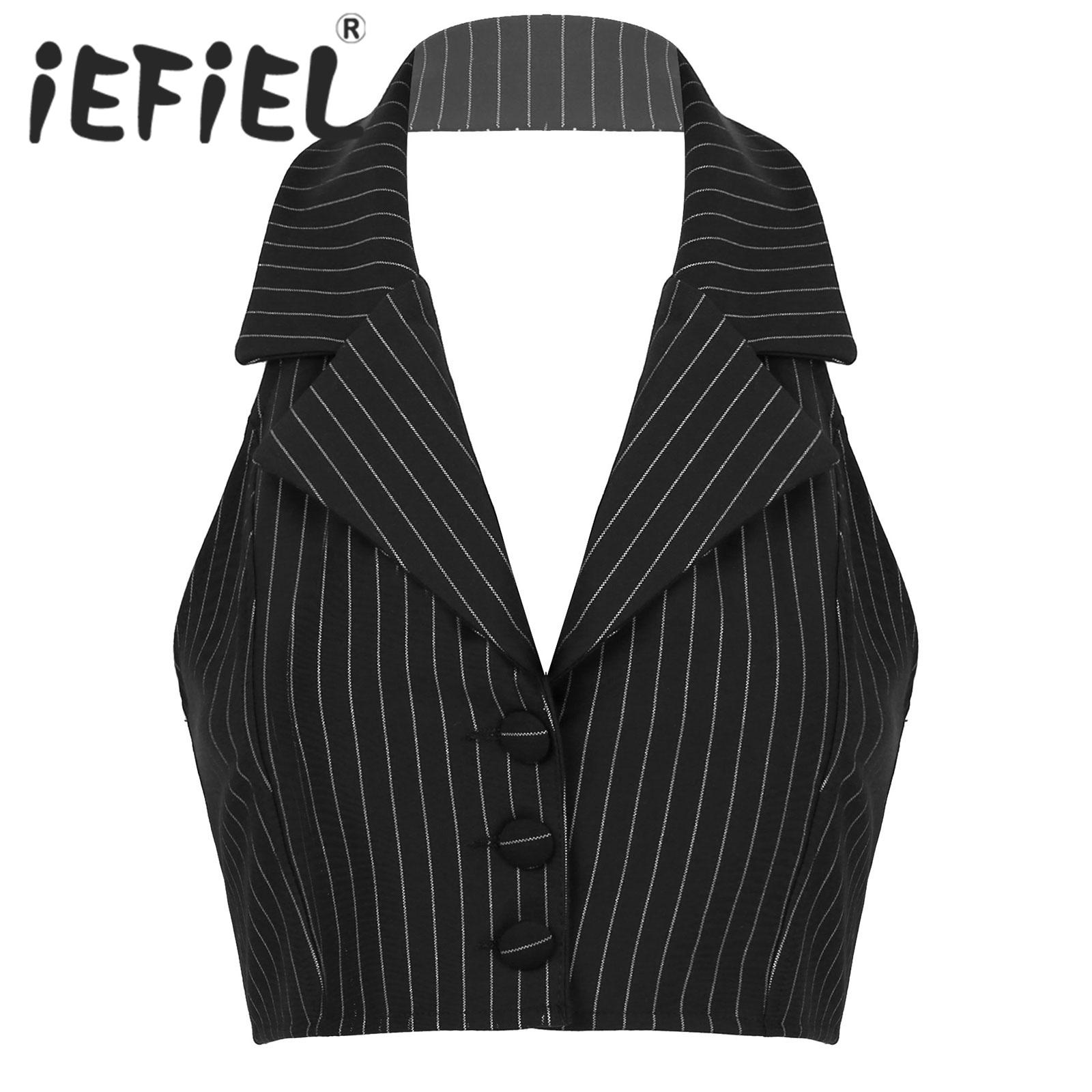 

Vests Women Spring Autumn Vest Shirts Halter Neck Sleeveless Stripes Single Breasted Three Button Closure Suit Vest Formal Waistcoat, White