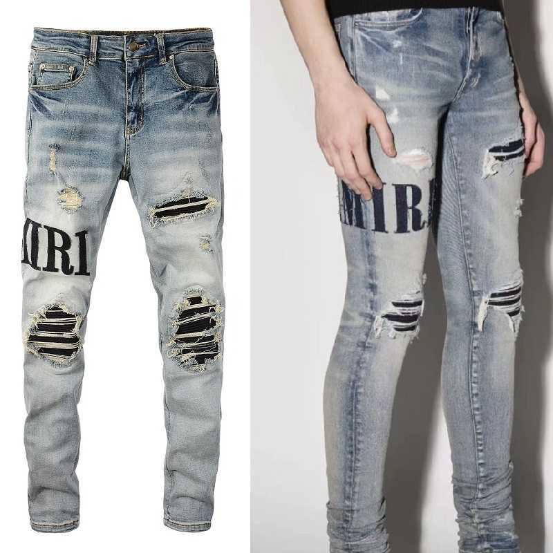 

Designer Clothing Fashion Denim Pants Amiiri New High Street Trend Brand Broken Hole Pleated Patch Embroidery Elastic Slim Fit Washed Old Light Jeans Men, As shown in figure