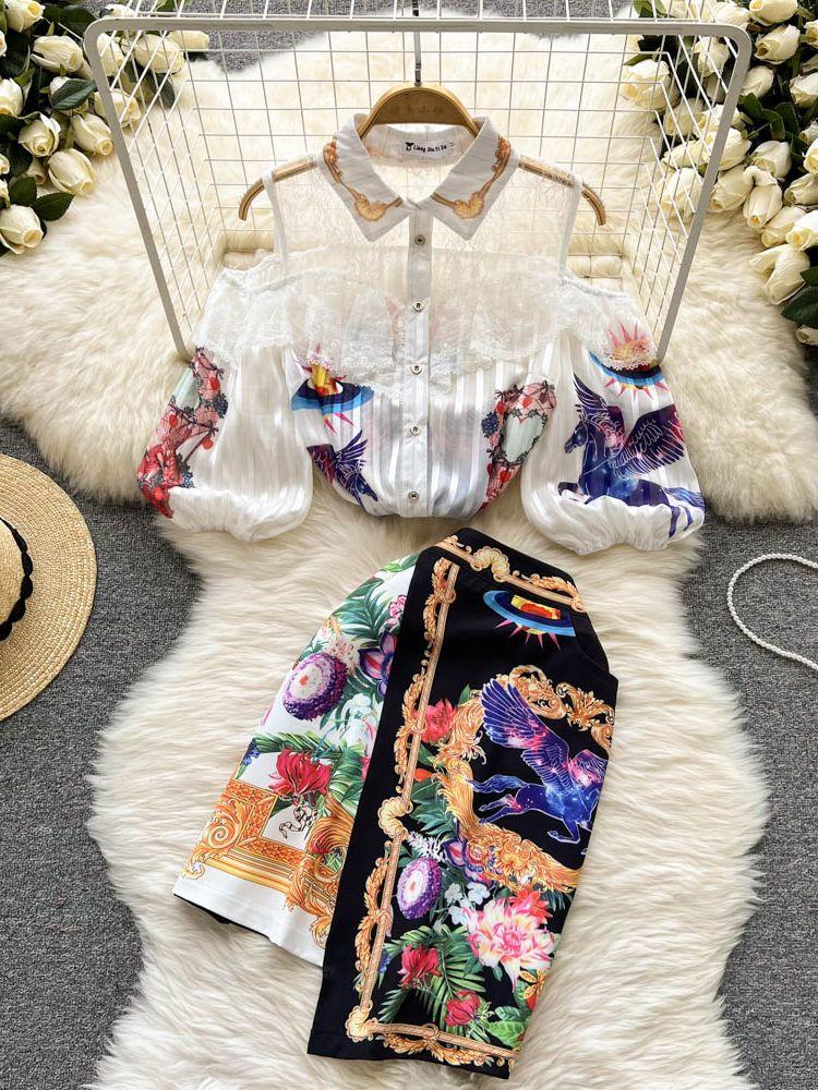 

Dress SUMMER SWEET TWO PIECE SET WOMEN OFF THE SHOULDER LACE EMBROIDERY PATCHWORK CHIFFON SHIRT TOP+IRREGULAR FLOWER PRINT MINI SKIRT, Picture color