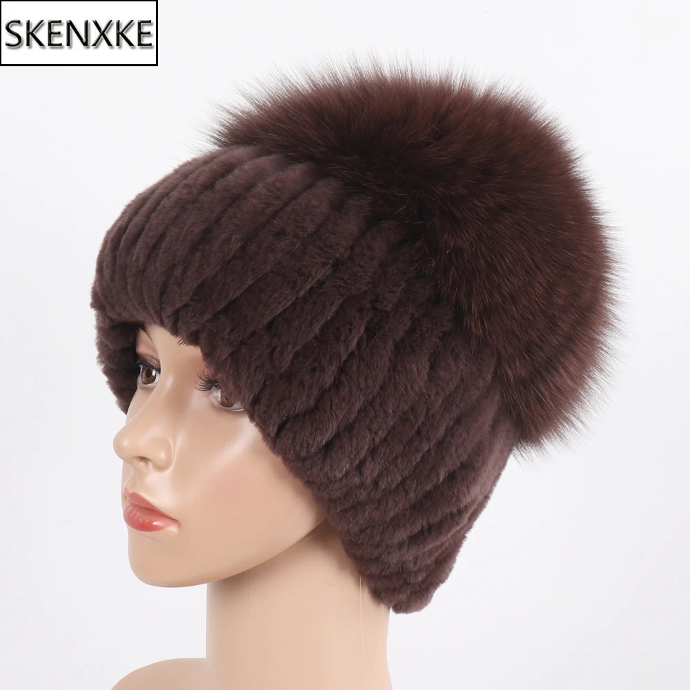 Beanie/Skull Caps Russia Lady Winter Real Fur Hat Women Warm Knitted Genuine Rex Rabbit Fur Hat Top Natural Fox Fur Bomber Caps Rex Rabbit Fur Cap23