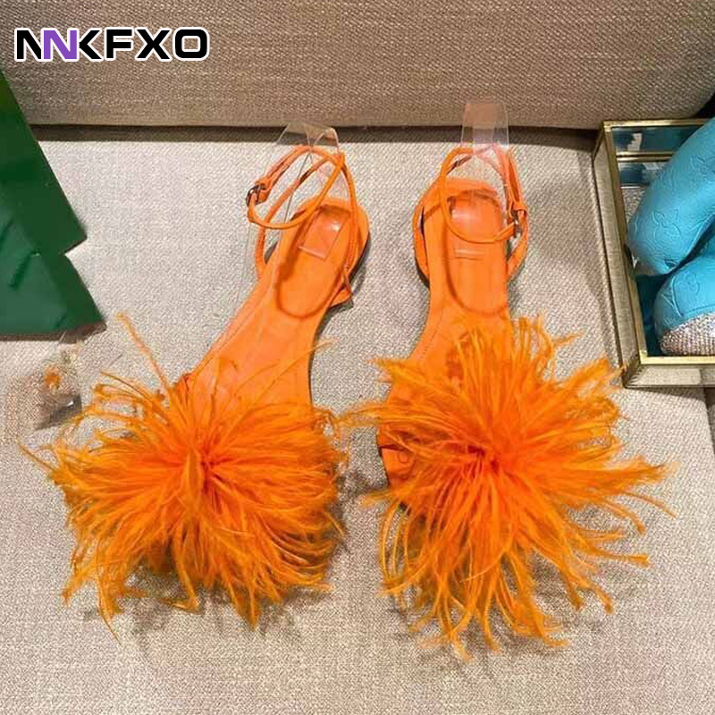 

Sandals Ladies Flat Ostrich Feather Sexy Thin High Womens Heels Catwalk Model Fashion Show Modern Female Design Trend 230421, Black