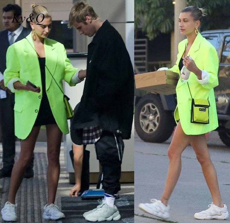 Pants Star Hailey Bieber The Same Fluorescent Green Casual Trend Suit Coat Women's 2022 Autumn New SingleBreasted Jacket Blazer