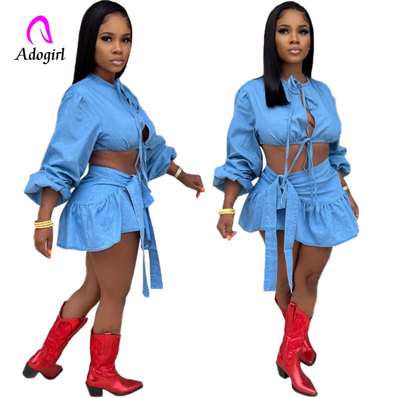 

Dress Denim Color Women 2 Piece Set Long Sleeve Lace Up Crop Top Irregular Skirts with Bow Tie Matching Set 2022 Autumn Night Club Set, Blue