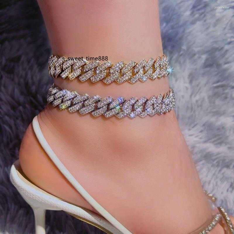 

Anklets 14 MM Iced Out Miami Cuban Link Chain Anklet For Women Gold Silver Color Prong Rhombus Bracelet Hip Hop Jewelry