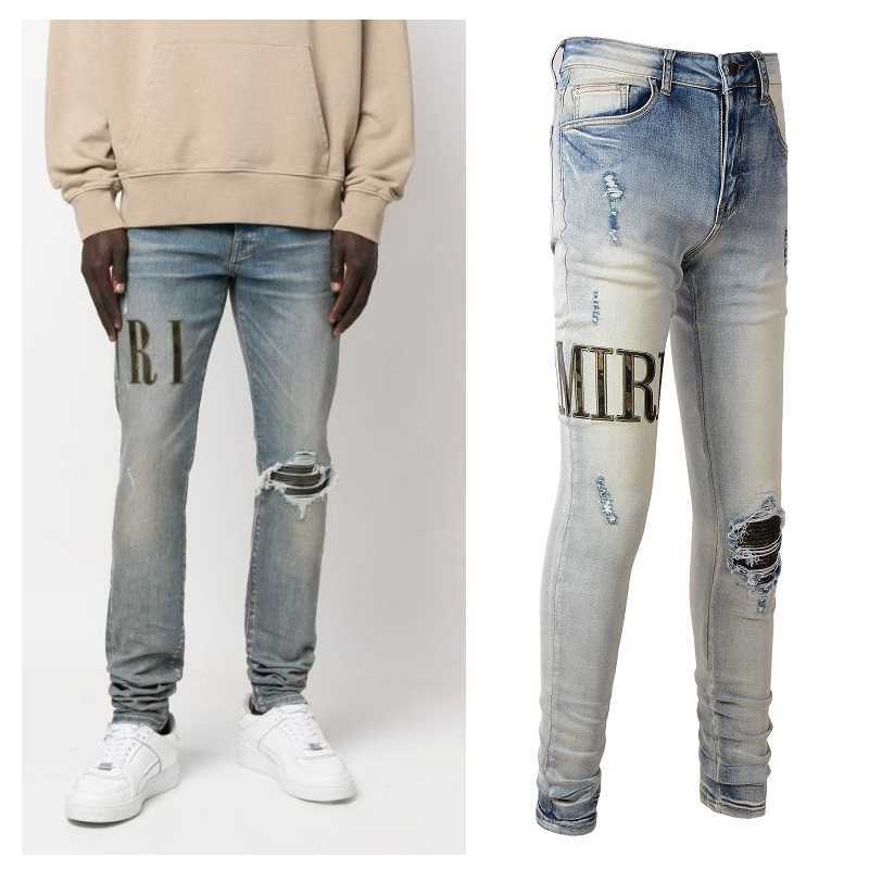 

Designer Clothing Fashion Denim Pants Amiiri New trendy brand camouflage patch letter embroidery with holes elastic fit distressed light colored jeans men For sale, Light blue