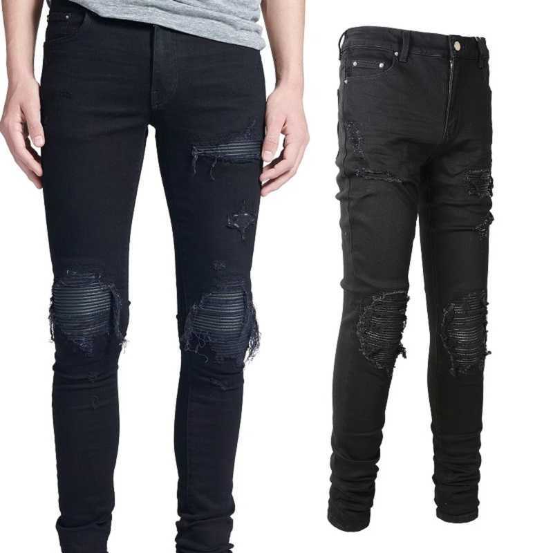 

Designer Clothing Fashion Denim Pants Amiiri New High Street Trend Brand Broken Hole Collage Leather Patch Elastic Slim Fit Wash Black Jeans Men's Trend For sale