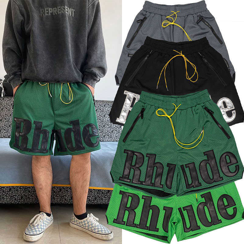 

Designer Clothing Rhude Leather Embroidery Letters Mesh Breathable Basketball Shorts High Street Drawstring Capris Trendy Couples Joggers Sportswear, Gray