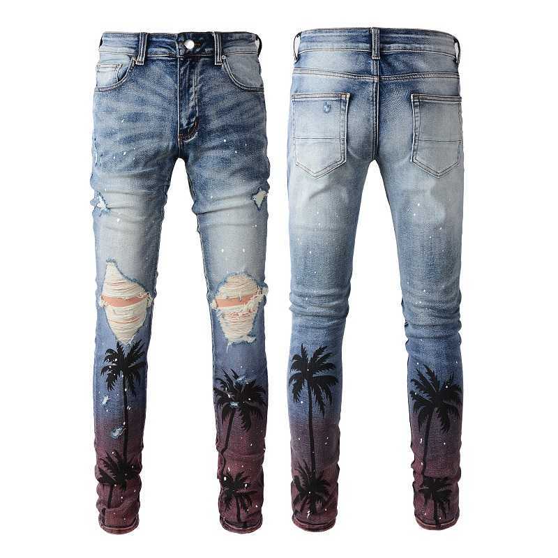 

Designer Clothing Fashion Denim Pants Amiiri 2023 New Trend Brand with Broken Holes Old Money Painted Coconut Trees Washed Elastic Slim Fit Light Color Jeans Male, Blue