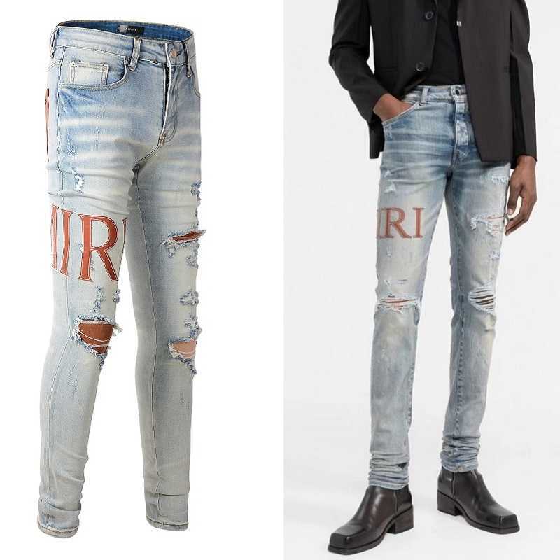 

Designer Clothing Fashion Denim Pants Amiiri New High Street Trend Brand Letter Sticking Skin Hole Patching Slim Fit Small Feet I Light Color Old Jeans Men, As shown in figure