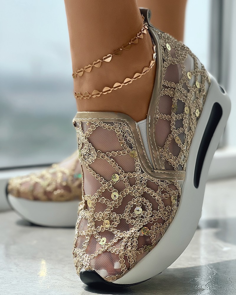 

Dress Shoe's Muffin Sneakers Sequin Slip On Casual Shoes Round Toe Bling Contrast Paneled Low Heel 230509, Silver