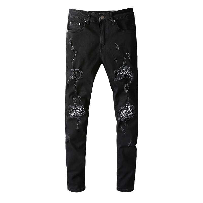 

Designer Clothing Fashion Denim Pants Amiiri New High Street Trend Brand Black Broken Cashew Flower Splice Hip Hop Slim Fit Small Foot Broken Jeans Men, As shown in figure