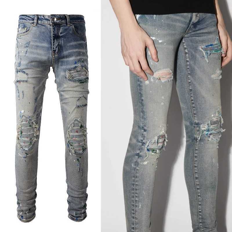 

Designer Clothing Fashion Denim Pants Amiiri 2022 High Street Trend Brand Old Patches Paint Graffiti Broken Holes Elastic Slim Fit Washed Light Jeans Male, Light blue