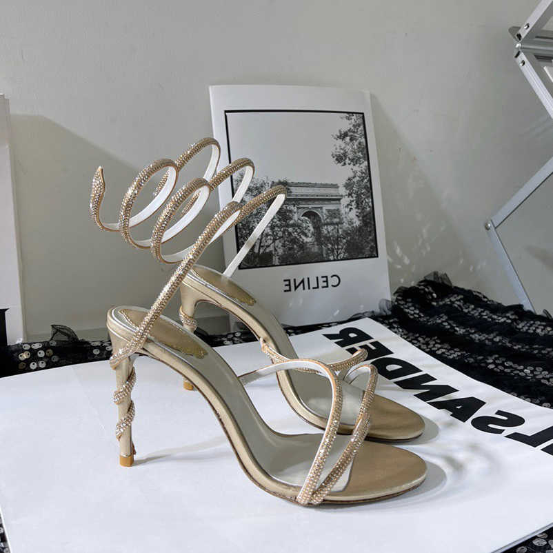 

Rene caovilla Cleo Margot Embellished Snake Strass stiletto Heels sandals Evening shoes women high heeled Luxury Designers Ankle Wraparound shoe factory footwear, Gold