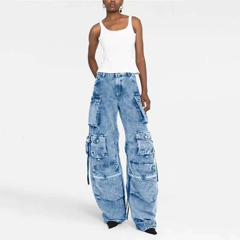 Jeans pour femmes Patchwork Pocket Denim Cargo Pantalon pour femmes taille haute solide bouton épissé décontracté femme mode vêtements marque en gros