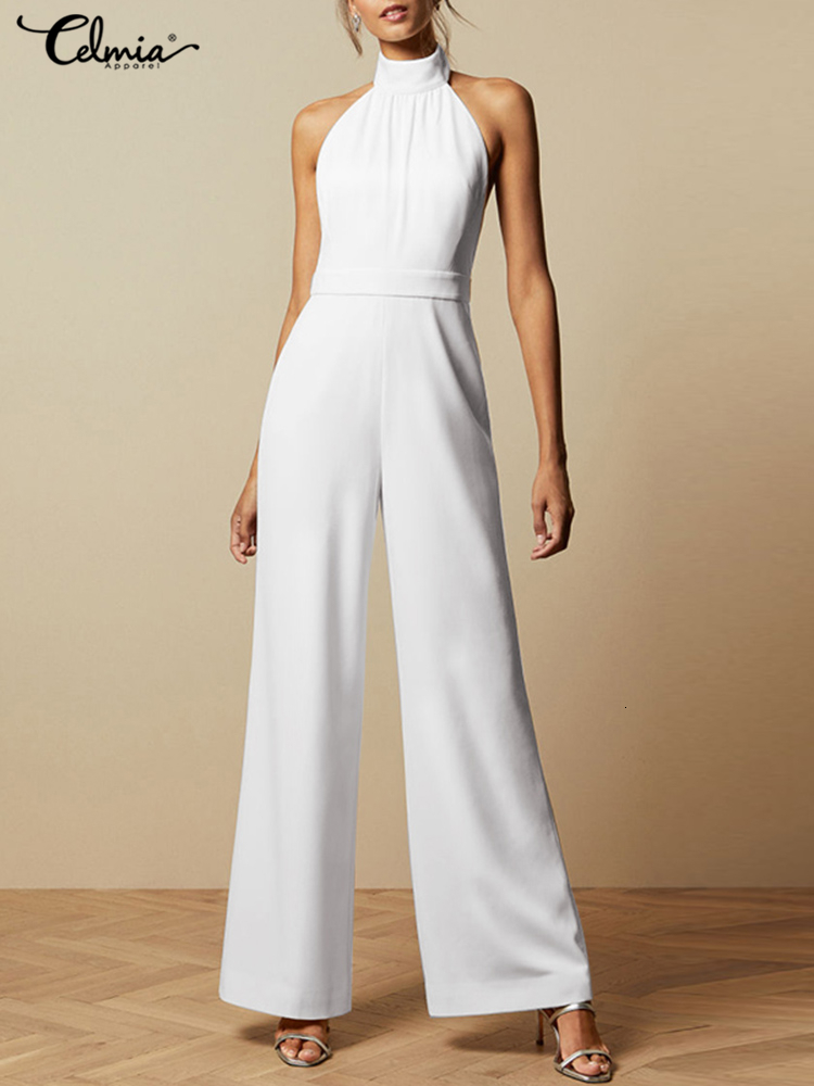 

Women's Jumpsuits Rompers Office Lady Women Sleeveless Overalls Celmia Elegant Wide Leg Pants Jumpsuit Summer Casual Loose Halter Neck Long Playsuit 230422, White