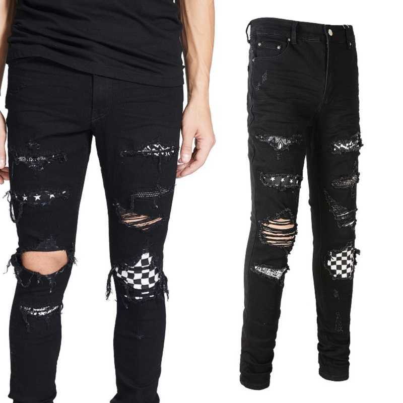 

Designer Clothing Fashion Denim Pants Amiiri New High Street Trend Brand Hole Breaking Slim Fit Hot Diamond Patch Printed Patch Elastic Slim Fit Wash Black Jeans Men
