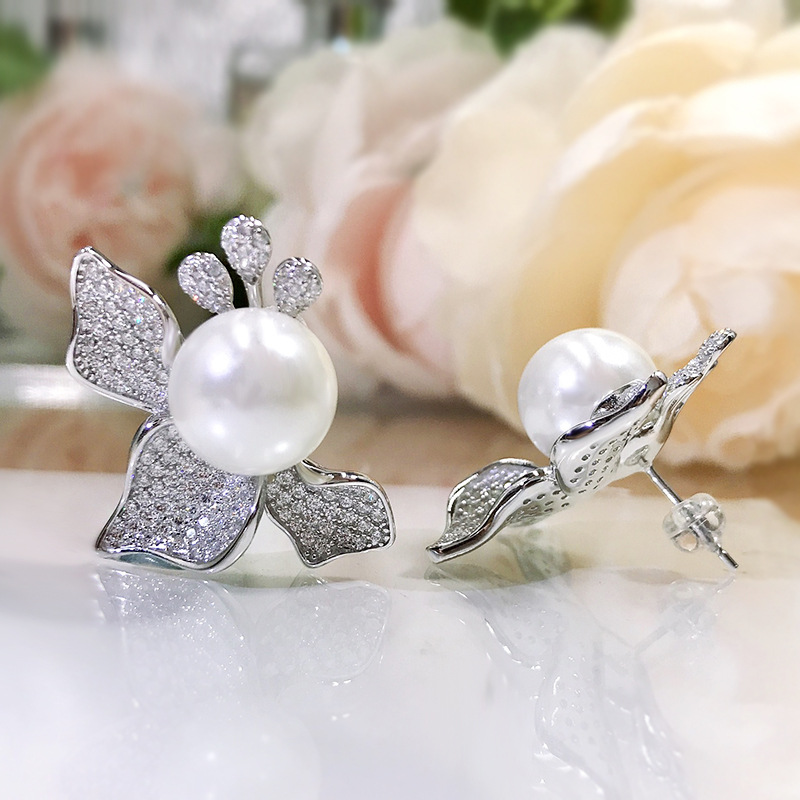 Flower Pearl Diamond Stud Earring 100% Real 925 sterling silver Promise Wedding Earrings for Women Bridal Party Jewelry Gift