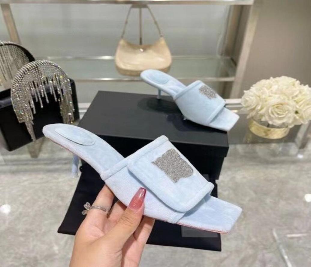 

High quality diamond slippers Very comfortable mink fabric Real leather women039s shoes luxurious heel 5cm 35401216838, Blue