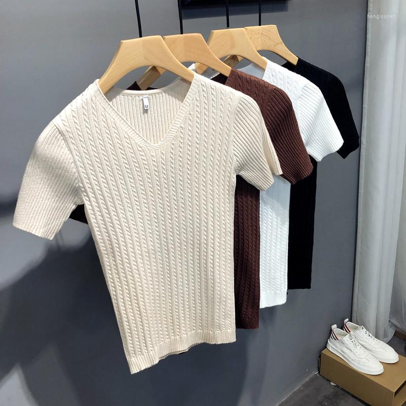 

Men's T Shirts Men 2023 Summer V Neck Knitted T-Shirts Clothing Slim Fit Casual Tops Male Short Sleeve Tee Shirt Homme Streetwear, Dark brown