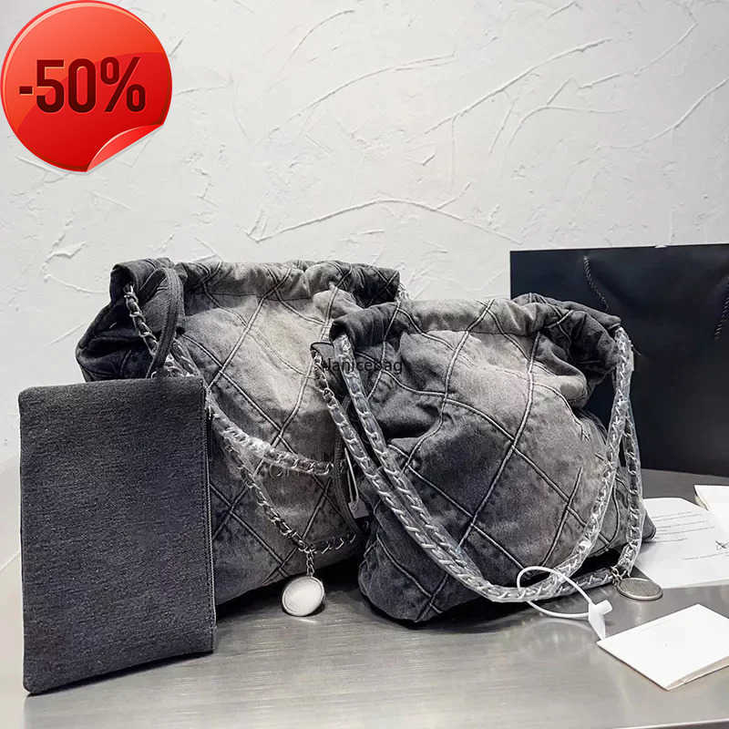 

Shoulder Bags CC 22 Denim Grand Shopping Tote Travel Designer Woman Sling Body Most Expensive Handbag with Silver Chain Gabrielle QuiltedEH, Blue denim fabric