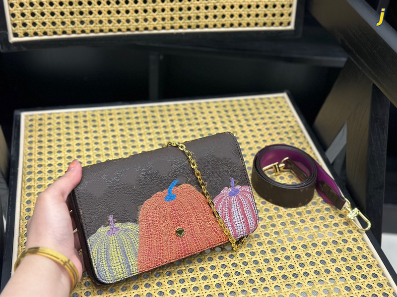 

Felicie Pochette Chain bag Pumpkin print YK Yayoi Kusama Designer Mini Dots card holder Shoulder Bags With Chain strap colorful functional clutch, Brown