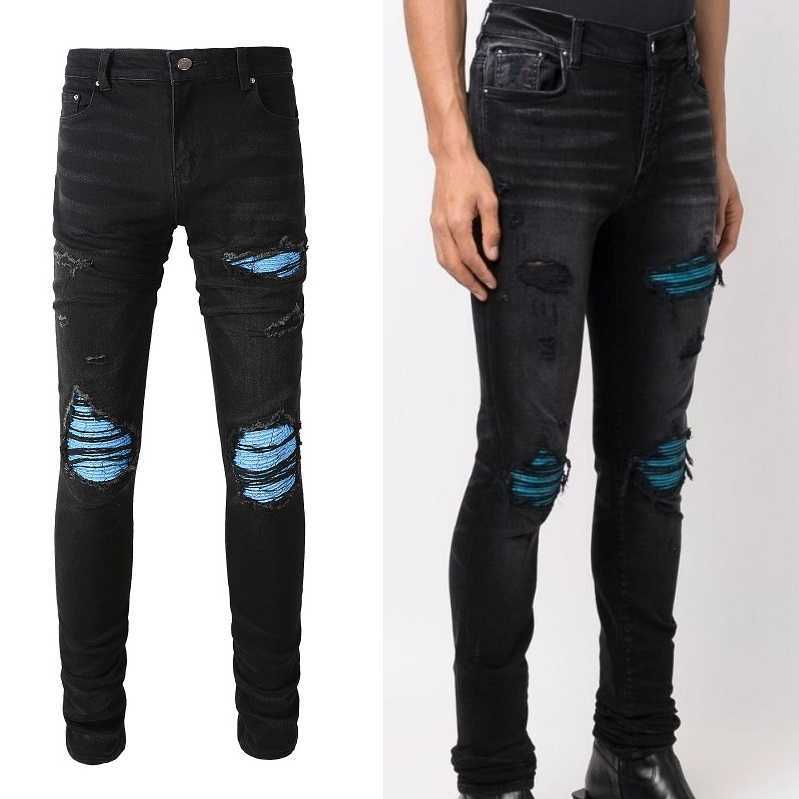 

Designer Clothing Fashion Denim Pants Amiiri New High Street Trend Brand Broken Hole Blue Printing Panel Leather Patch Elastic Slim Fit Black Jeans Men's Trend
