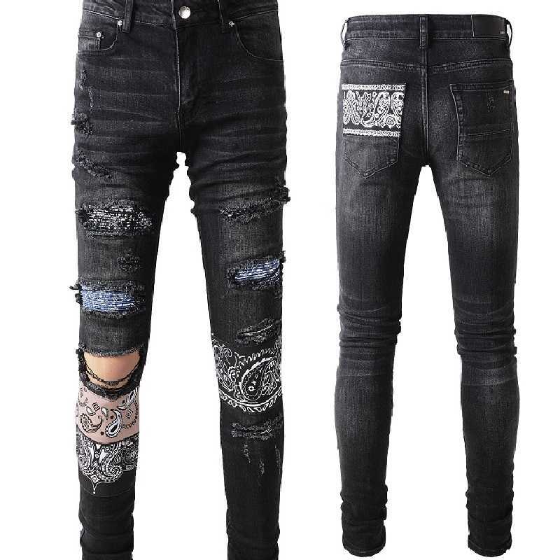

Designer Clothing Fashion Denim Pants Amiiri New High Street Trend Brand Printed Waist Fruit Flower Patch Folded Patch Elastic Slim Fit Small Feet Black Jeans Men, As shown in figure