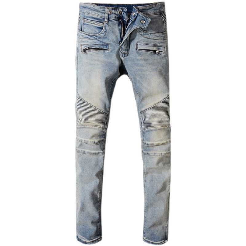 

Designer Clothing Fashion Denim Pants Amiiri Youth Trend Brand Street Made Old Wash Splice Personalized Slim Fit Small Foot High Street Motorcycle Jeans Men, Light blue