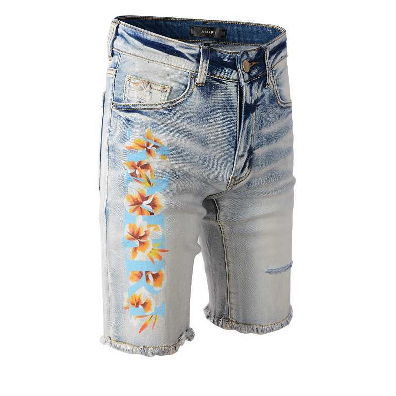 

Designer Clothing Fashion Denim Pants Amiiri Summer High Street New Trend Brand Flower Letter Printing Knife Cut Hole Light Color Old Men's Denim Shorts, As shown in figure
