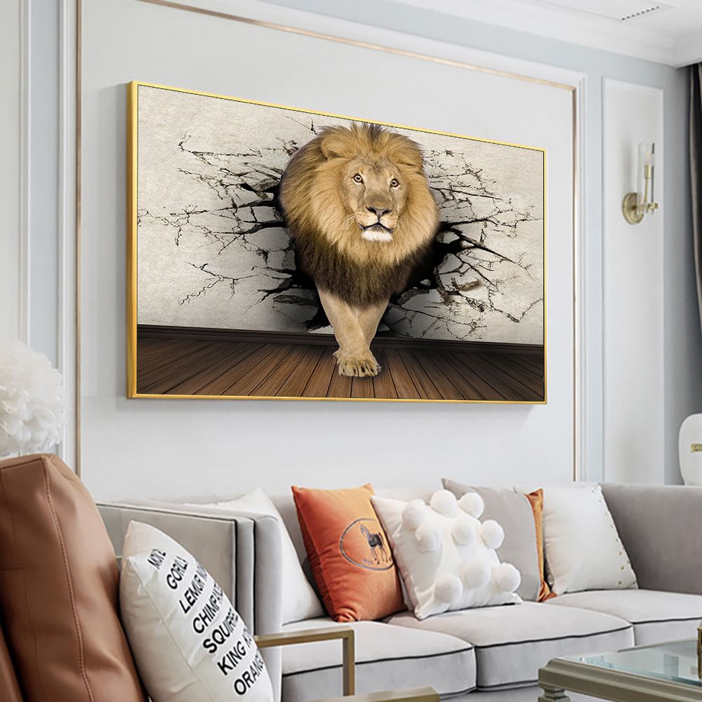

3D Animal Mural Lifelike Canvas Print Rhino Lion Elephant Non-Woven Fabric Wall Art Posters and Prints Living Room Bedroom Decor