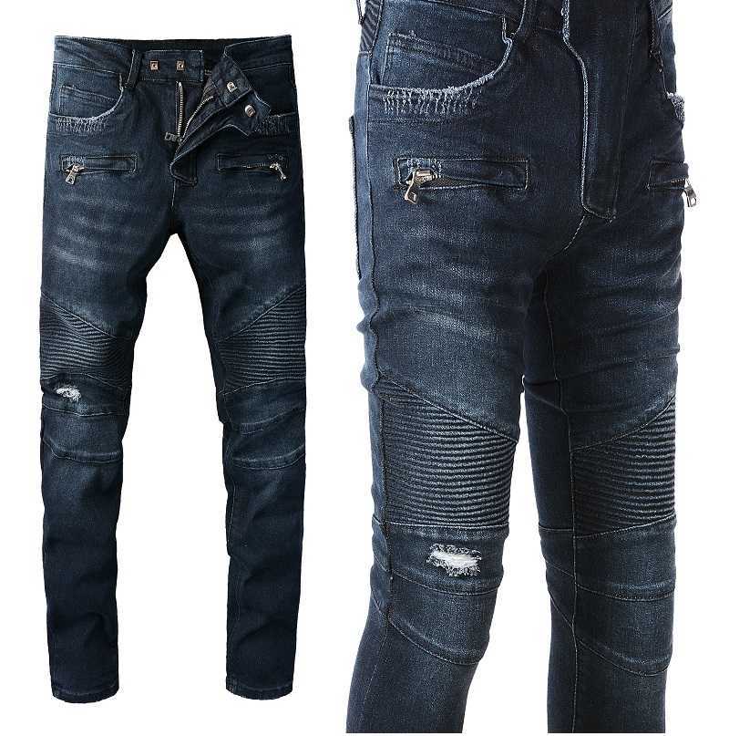 

Designer Clothing Fashion Denim Pants Amiiri trend brand distressed pleated stitching zipper washed elastic slim fitting small foot dark blue motorcycle jeans men, As shown in figure