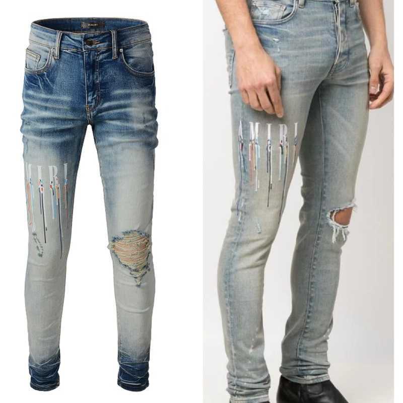 

Designer Clothing Fashion Denim Pants Amiiri 2022 New Fashionable Brand Light Color Distressed Wash Print Drip Hole Breaking Elastic Slim Fit Small Foot Jeans Men, As shown in figure