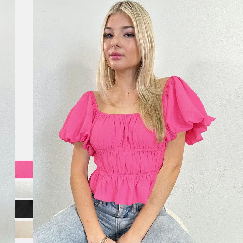 

Sexy one-line collar women's Tops clothes solid color 2023 summer new product puff sleeved square neck ruffled plicated all-matched girls T-shirt short slimming, Rose red