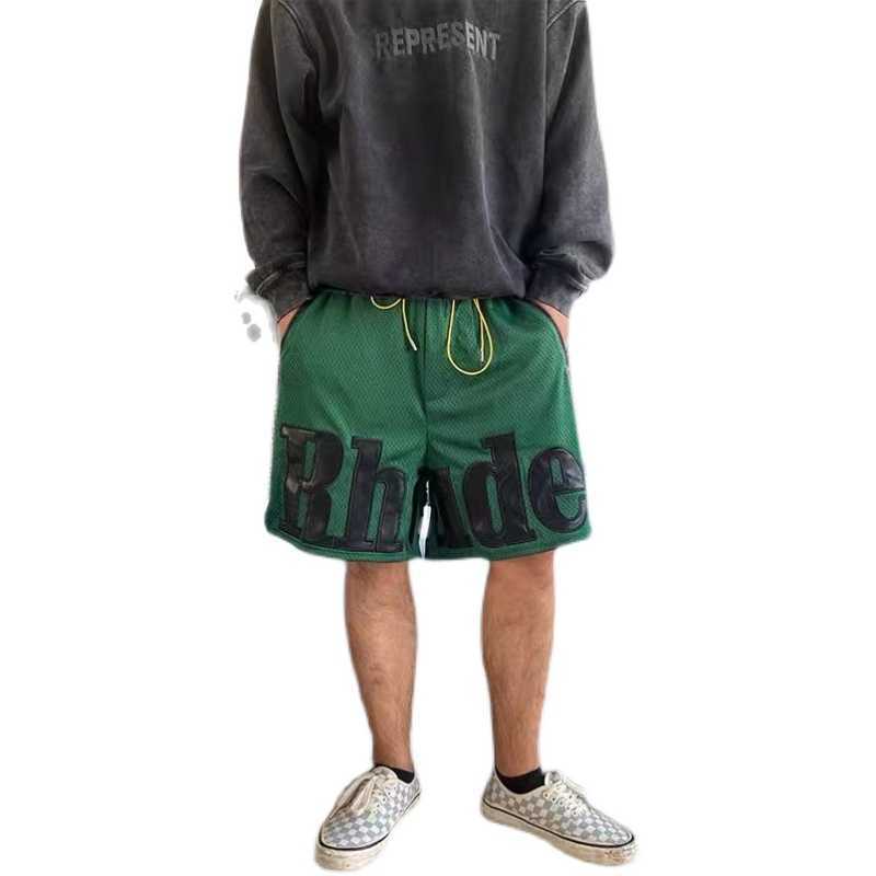 

Designer Clothing 22 Summer New Rhude High Street Mesh Collar Leather Embroidery Letter Printing Casual Sports Shorts Men Couples Joggers Sportswear For sale, Gray