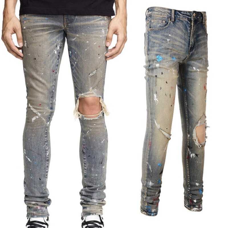 

Designer Clothing Fashion Denim Pants Amiiri New High Street Trend Brand Big Hole Paint Elastic Slim Fit Old Washed Light Jeans Men Motocycle Biker Skinny, Beige