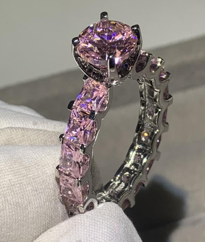 

Top Selling New Arrival Luxury Jewelry 925 Sterling Silver Round Cut Pink Sapphire CZ Dianond Gemstones Promise Women Wedding Band8777371