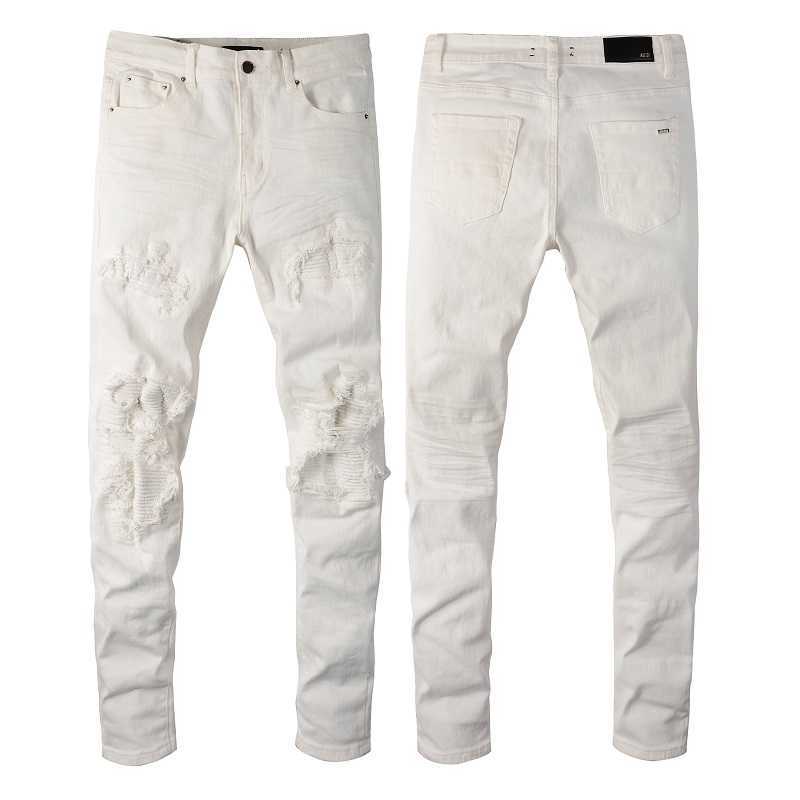 

Designer Clothing Fashion Denim Pants Amiiri New High Street Trend Brand Knife Cut Damaged Fold Patch Elastic Slim Fit Pants White Jeans Men Motocycle Biker Skinny, Milky white