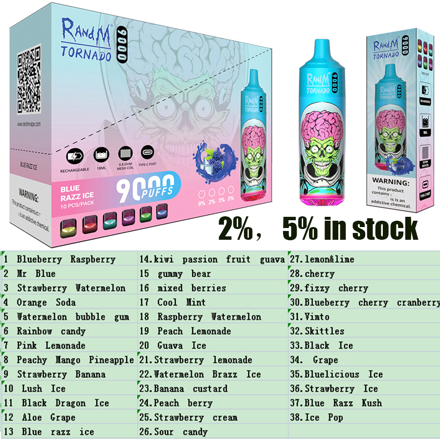 

Original RandM Tornado 9000 Puffs Disposable Vape Features 18ml Vape 2/5% Rechargeable 850mAh Integrated Battery Associated 43 Flavors Available