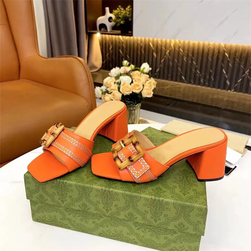 

Designer Women's Square Toe High Heels Slippers Leather Gold Sandals Chunky Heel with Metal Buckle Fashion banquet Shoes Large size 35-43