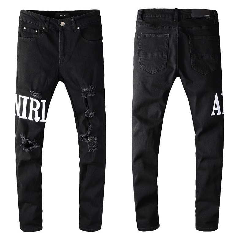 

Designer Clothing Fashion Denim Pants Amiiri New Trend Brand Embroidery White Letter Wash Black Hole Breaking Elastic Slim Fit Small Foot Jeans Men Motocycle Rock, As shown in figure