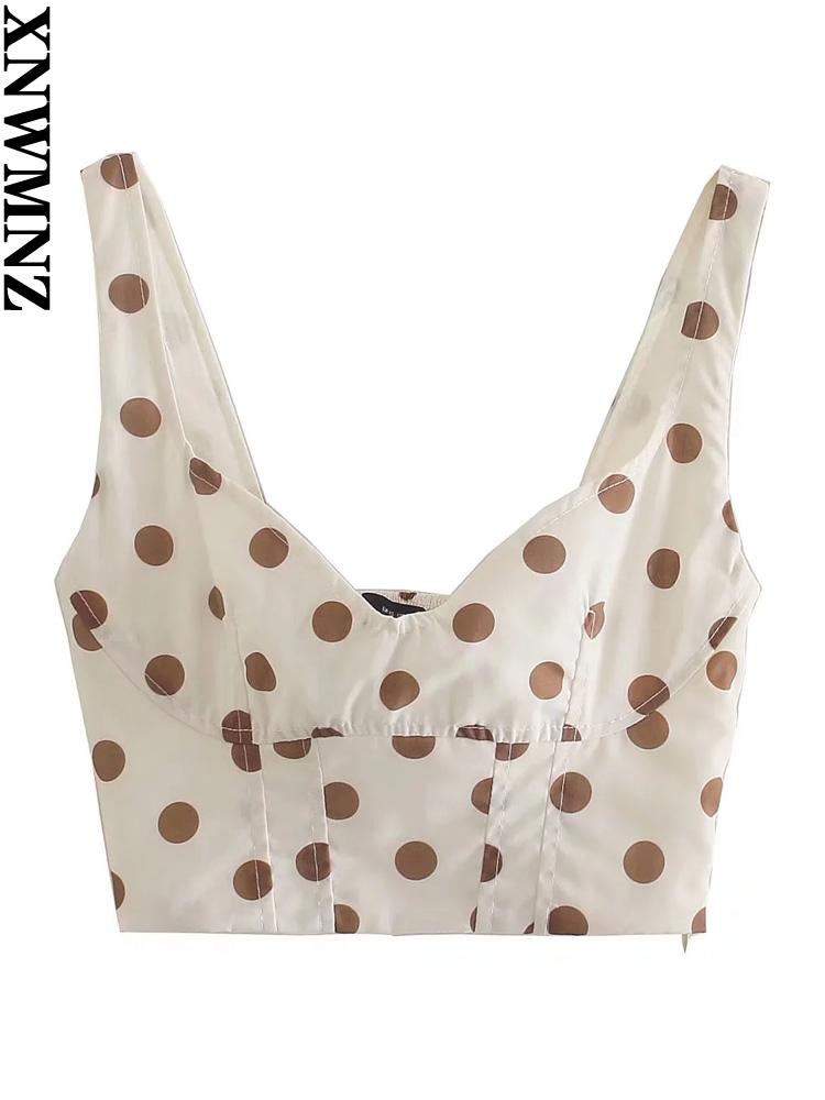 

T-Shirt XNWMNZ 2022 Summer Women Sweet Fashion Polka Dot Crop Tank Tops Vintage Backless Elastic Side Zipper Straps Female Camis Mujer, Picture color