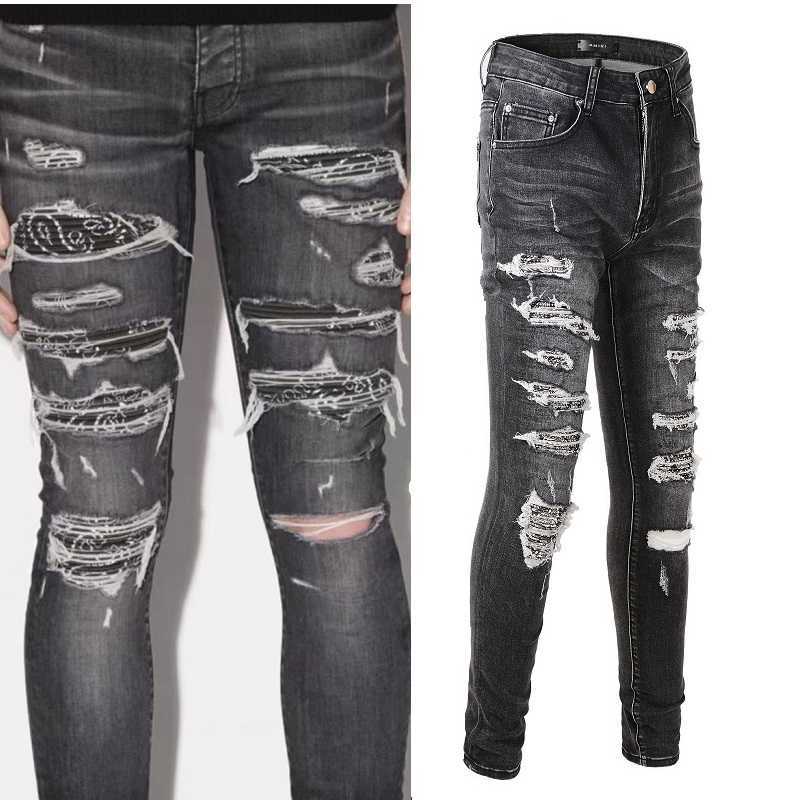 

Designer Clothing Fashion Denim Pants Amiiri New trendy brand gray distressed washed tattered cashew flower pleated patch hole torn slim fitting jeans men, As shown in figure